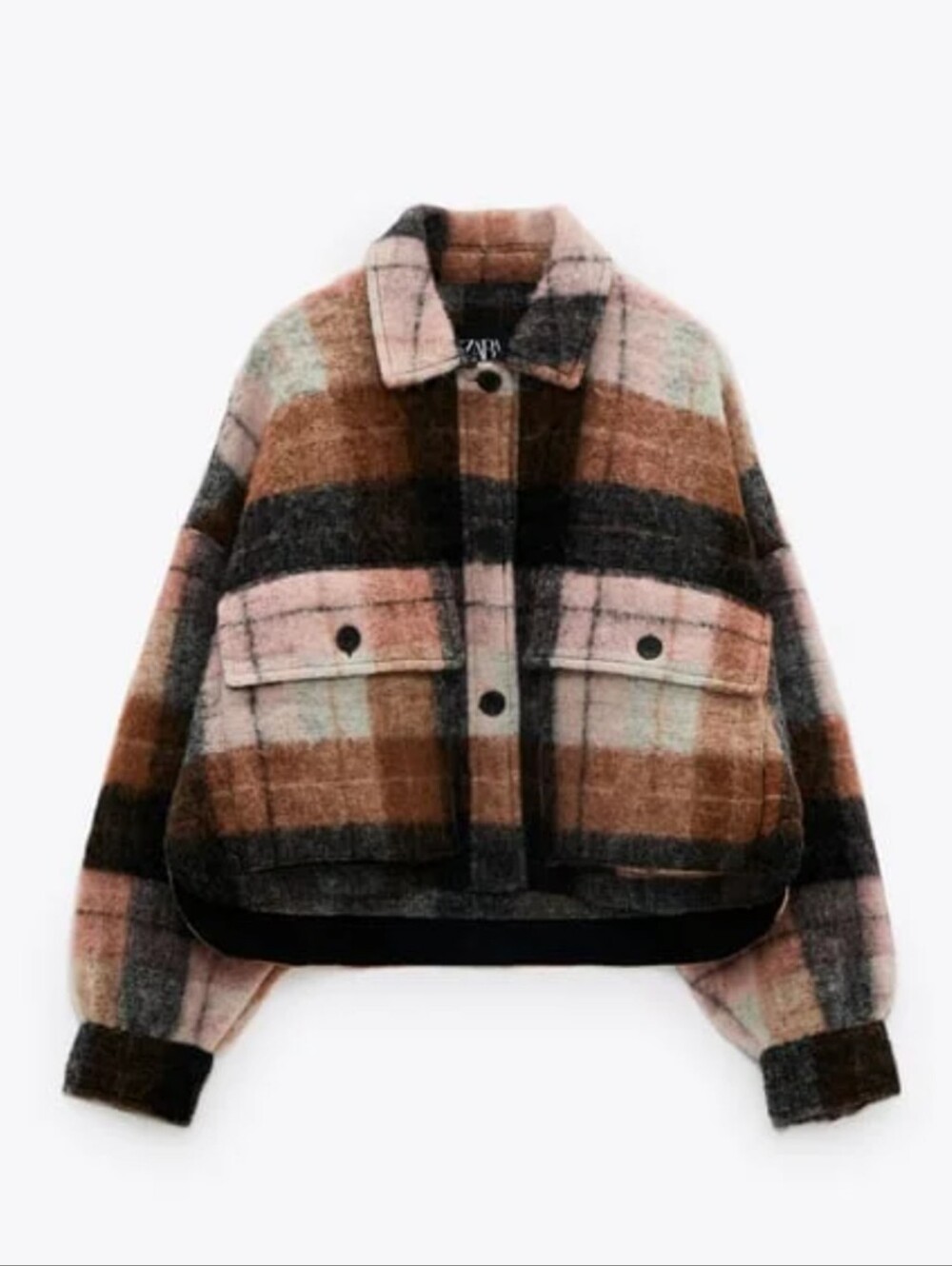 Zara Wool Blend Plaid Cropped Shacket in Brown and Pink